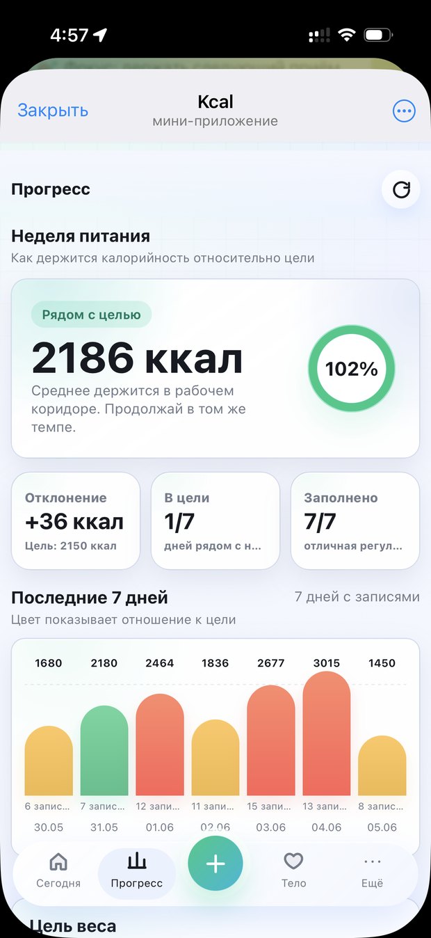 Экран прогресса питания в Kcal Bot