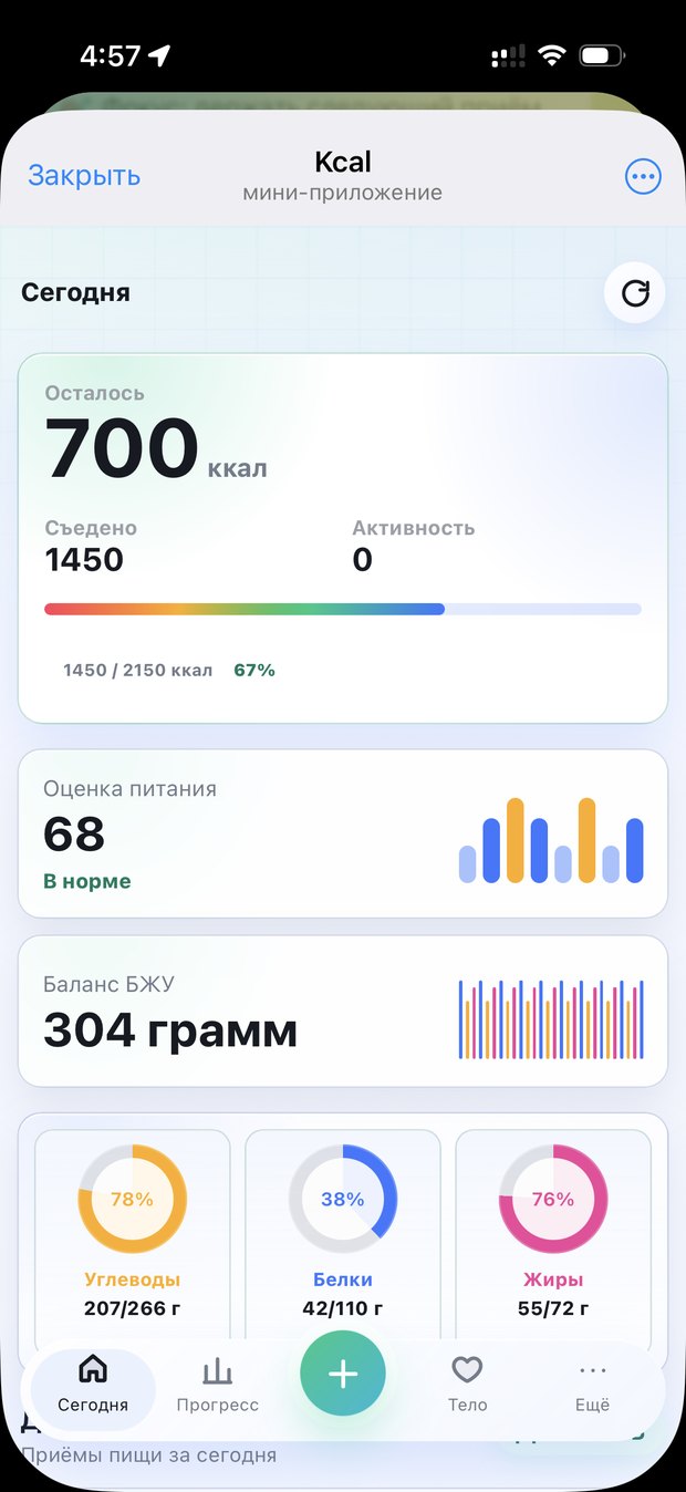 Экран сегодня в Mini App Kcal Bot